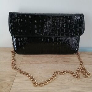 Vecceli Italy Black Croc Patent Envelope Bag Crossbody Clutch Gold Chain Formal